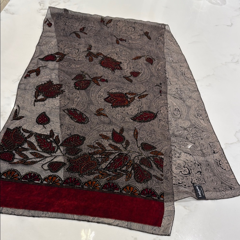 ☀️3 for $15☀️Elegant Gray and Red Scarf with Floral Motif